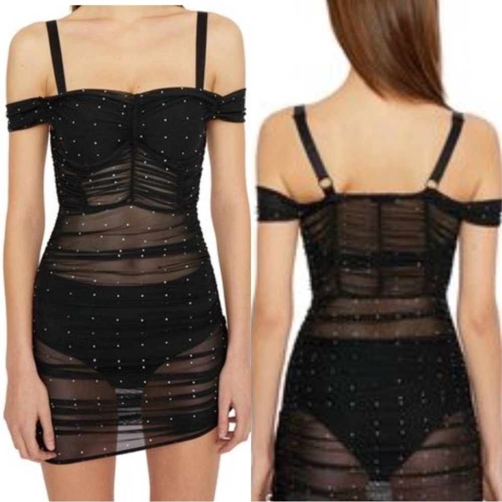 DANIELLE GUIZIO Lynx Rhinestone Crystal Mesh Ruched Mini Dress - Picture 2 of 8
